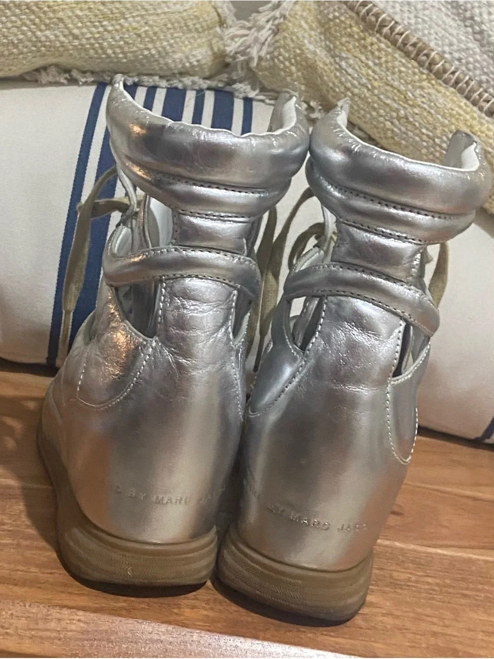 Marc by Marc Jacobs Silver Metallic Wedge Sneaker Boots with Tan Laces Size 40